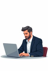 Illustration of a businessman sitting facing a laptop on a white background. Generate AI