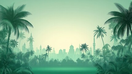 Mystical Oasis: Silhouetted Cityscape with Lush Palm Trees and Hazy Morning Light.