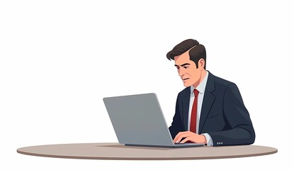 Illustration of a businessman sitting facing a laptop on a white background. Generate AI