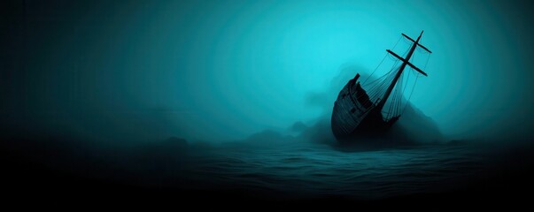 Haunted shipwreck, submerged in dark waters, eerie light filtering through, ghostly shapes, 3D illustration