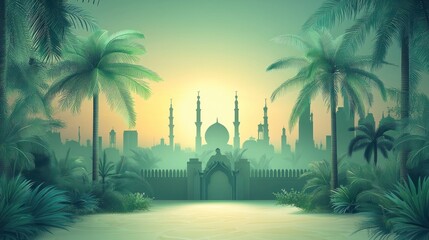 Serene Oasis: Palm Trees and Mosque Silhouette at Dawn in a Lush Tropical Landscape.
