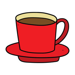 Hand drawn cartoon red coffee cup and saucer on white background.