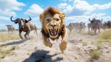 Majestic Lion Chasing Herd in Dynamic Safari Scene