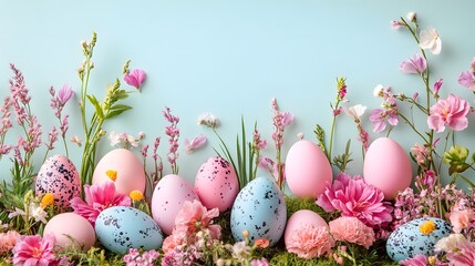 Vibrant Easter themed backdrop with an assortment of colorful eggs delicate fresh flowers and symbolic elements celebrating renewal spring and new beginnings  Soft pastel tones and a natural