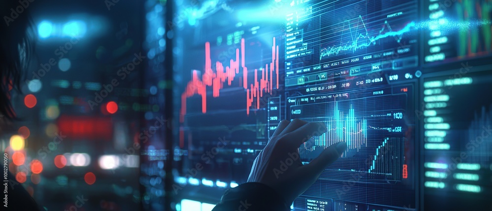 Poster hand interacting with financial data charts on a large digital screen.