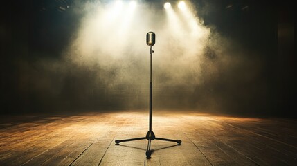 Empty concert stage with a microphone stand and spotlight, wide area for copy space