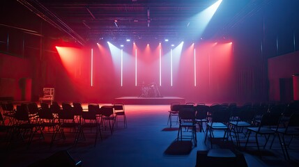 Empty music concert venue with chairs set up, space for text or branding