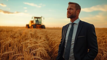 A man in a suit standing in a field of wheat