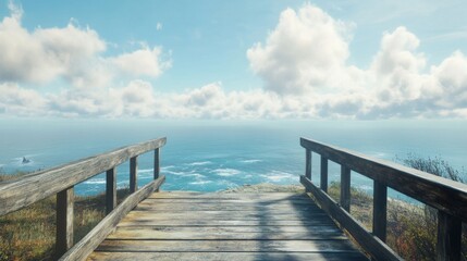 Obraz premium A wooden lookout offering a panoramic ocean view, with the coastline and distant hills only visible on the sides