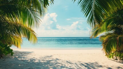 Empty tropical beach with white sand and crystal-clear water, space for text or branding