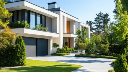 Fototapeta premium Modern home with a sleek design in a quiet urban area, no people, with ample copy space