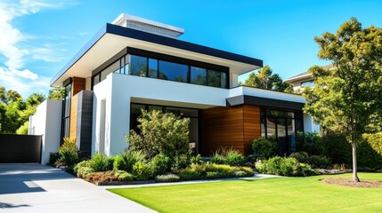 Modern home with a sleek design in a quiet urban area, no people, with ample copy space