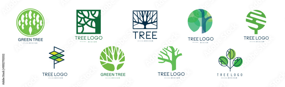 Poster tree logo original design with green shape vector set