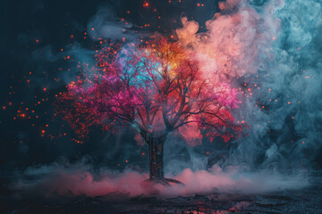 Tree with electronic components and multi-colored smoke, pitch black background.