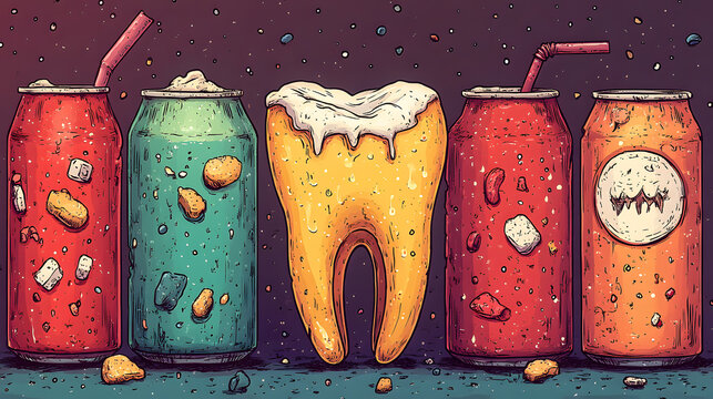 A vibrant illustration of soda cans and a tooth, highlighting the impact of sugary drinks on dental health.