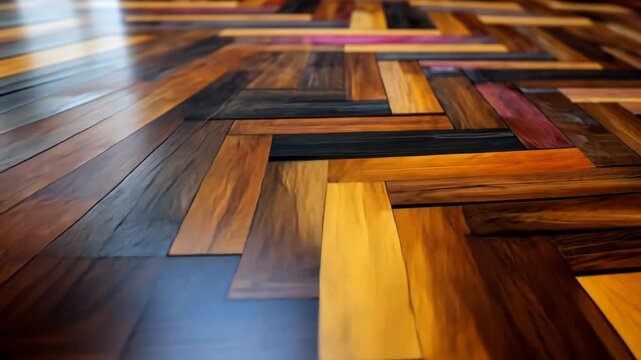 A close-up of a beautifully crafted wooden floor with varied tones, textures, and a herringbone pattern