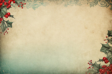 A vintage Christmas greeting card with a textured, floral border featuring holly leaves, set against an antique-style background with an aged, decorative design,Generated By Ai