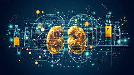 Naklejka premium Illustration of human kidneys with glowing digital effects representing health and analysis in a medical context.