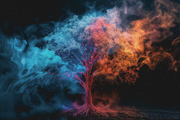 Tree with electronic components and multi-colored smoke, pitch black background.