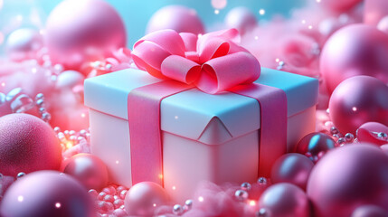 Pink gift box with a bow surrounded by shiny pink ornaments.
