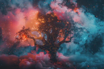 Fototapeta premium Tree with electronic components and multi-colored smoke, pitch black background.