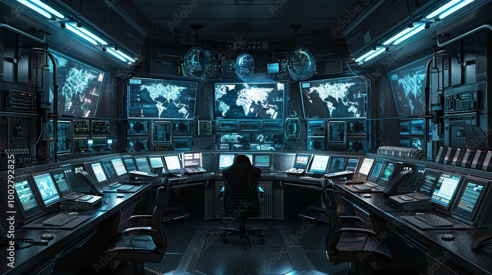Poster high-tech control room with large display screens