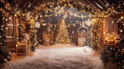 Festive seasonal backdrop with twinkling lights rustic garlands and a snow dusted tree capturing the joy and magic of the winter season