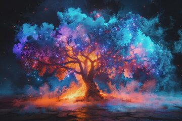 Tree with electronic components and multi-colored smoke, pitch black background.