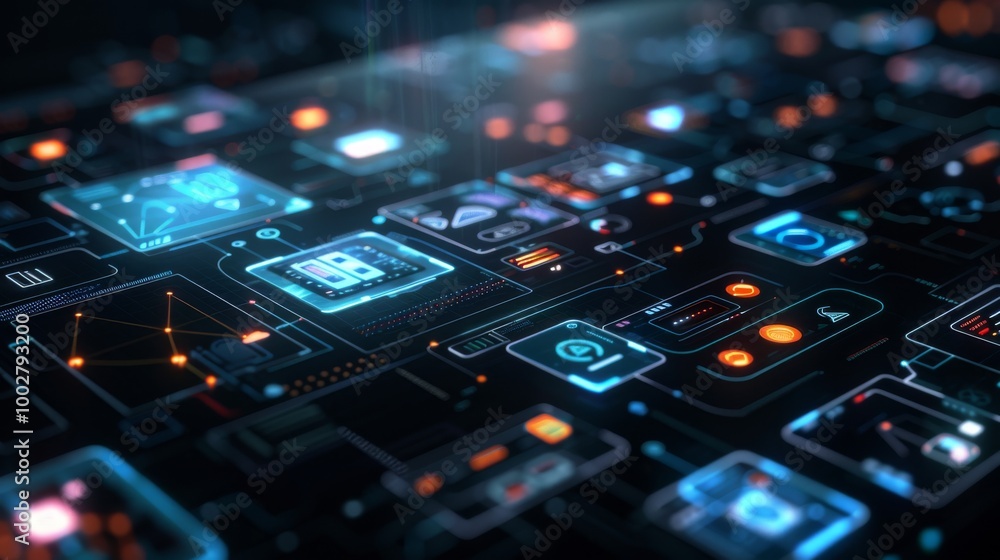 Poster holographic interface with app icons and controls