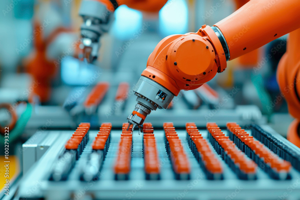 Poster robotic arms efficiently assemble components on a production line, demonstrating the power of automa