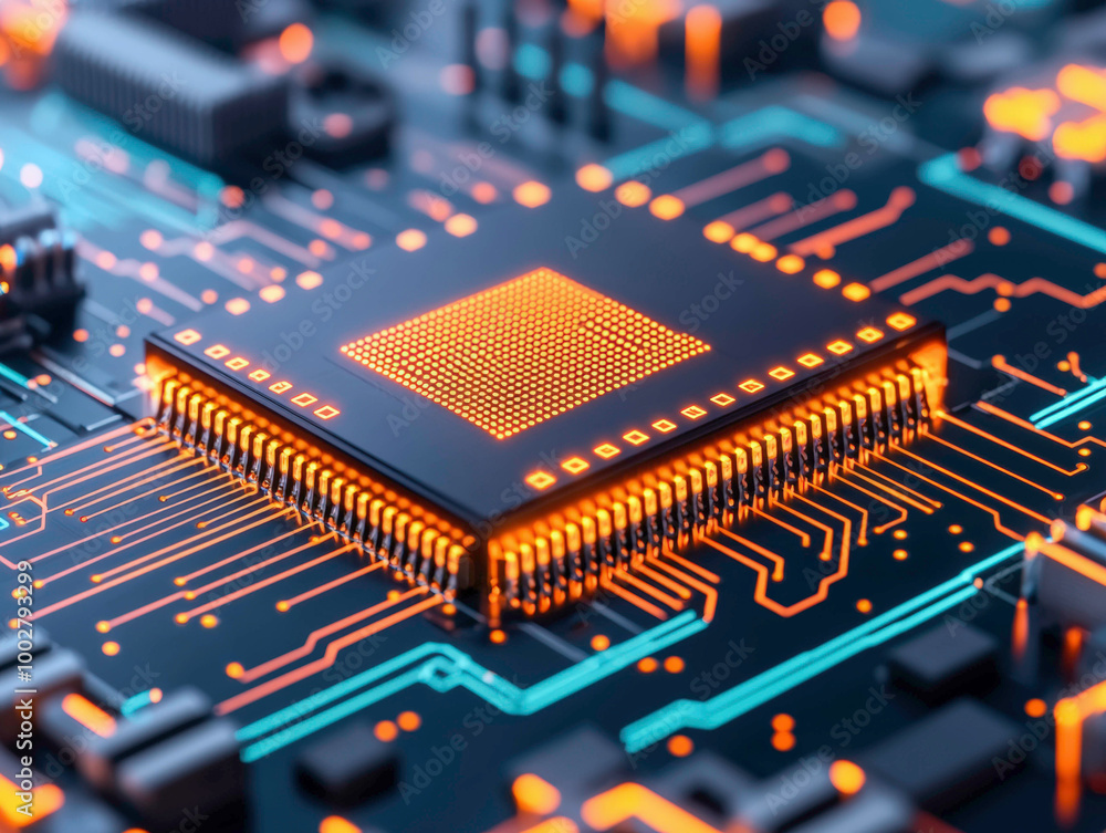 Poster an advanced microchip on a circuit board glows with integrated digital pathways, showcasing the cutt