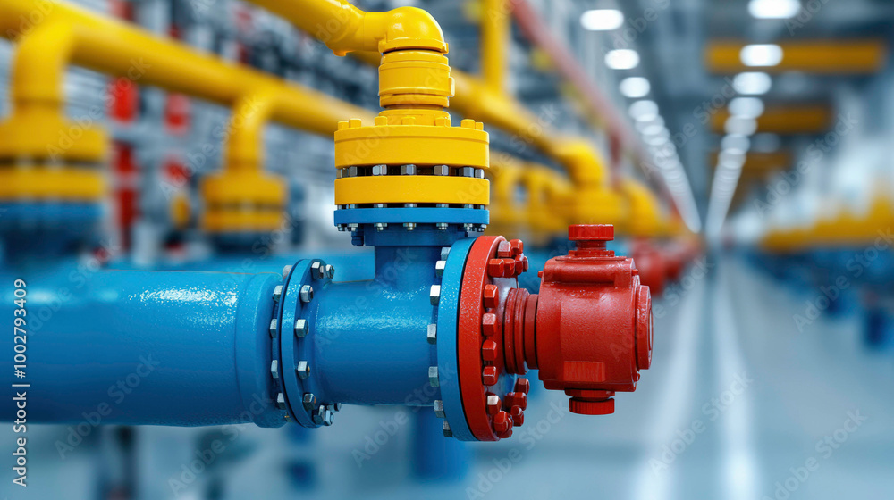 Aufkleber brightly colored industrial pipelines and valves highlight the advanced engineering and precise cont