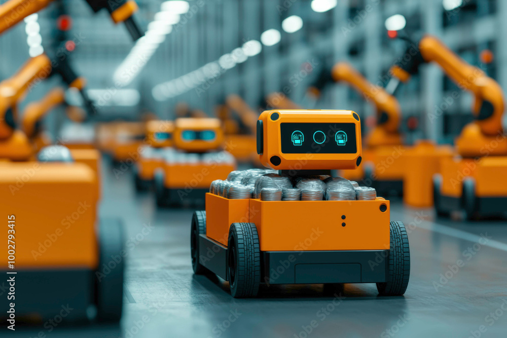 Poster autonomous robots efficiently transport materials across a high-tech factory floor, showcasing the a