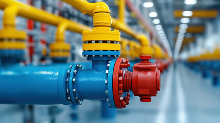 Obraz premium Brightly colored industrial pipelines and valves highlight the advanced engineering and precise control systems used to ensure safe and efficient operations in modern manufacturing facilities.