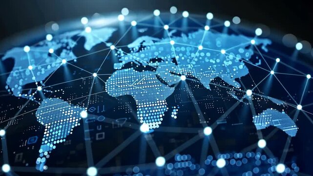 Discover an intricate digital map highlighting global connections and data flow across various regions and networks
