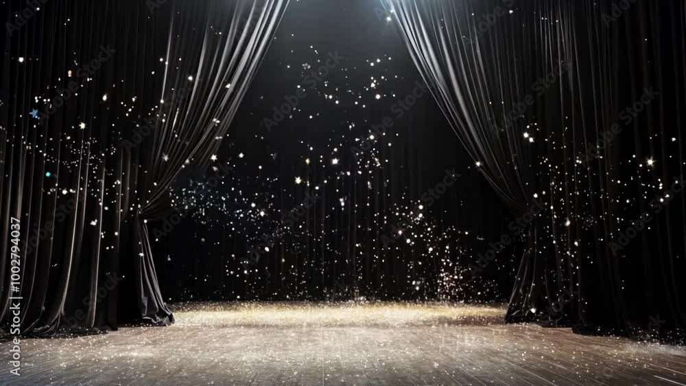 Poster a glittering stage adorned with sparkling confetti and elegant curtains before a captivating perform