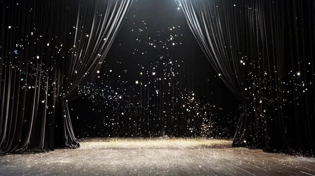 A glittering stage adorned with sparkling confetti and elegant curtains before a captivating performance in a theater