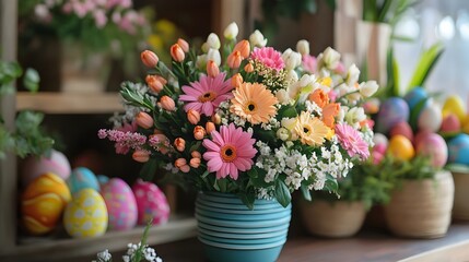 Fototapeta premium Joyful Easter floral scene featuring a beautiful bouquet of bright and vibrant flowers including tulips daisies and gerbera