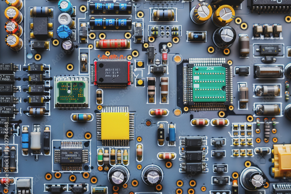 Poster a close-up of a circuit board with many electronic components.