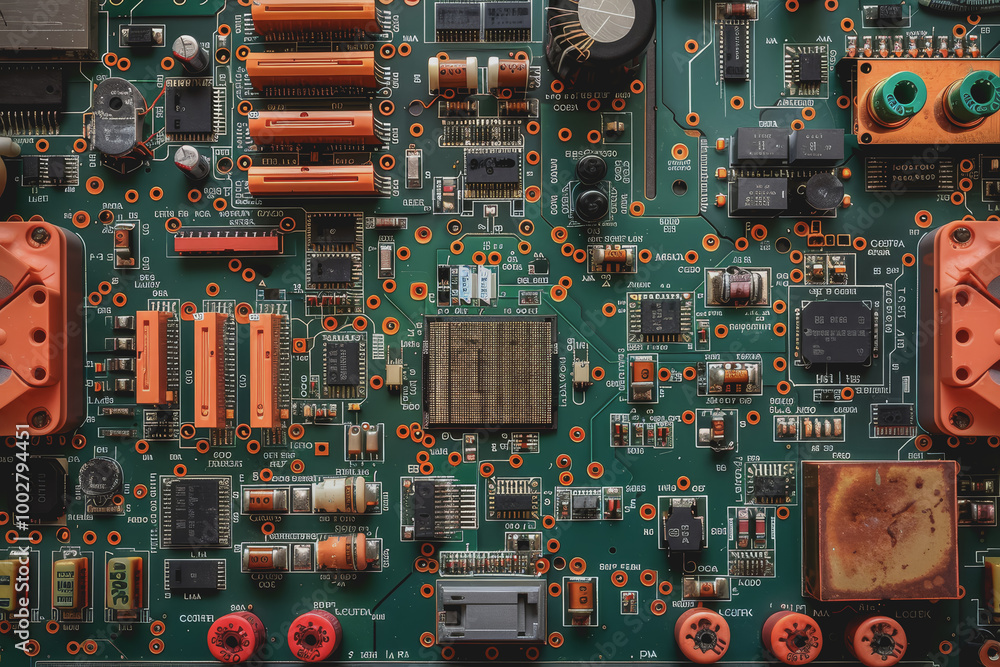 Poster a close-up of a circuit board with many electronic components.