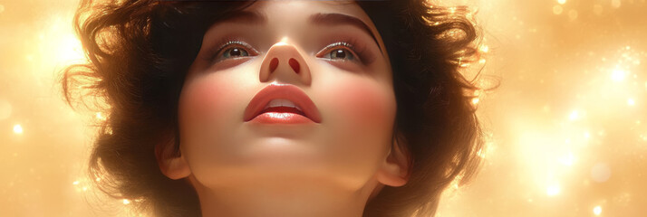 Obraz premium Close-up of a woman's face with glowing skin.