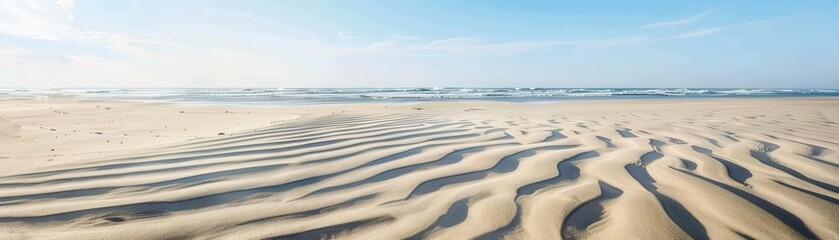Obraz premium The delicate texture of soft sand with fine grains, wind-swept patterns, and subtle ripples, capturing the peaceful beach scene, natural texture, sandy landscape