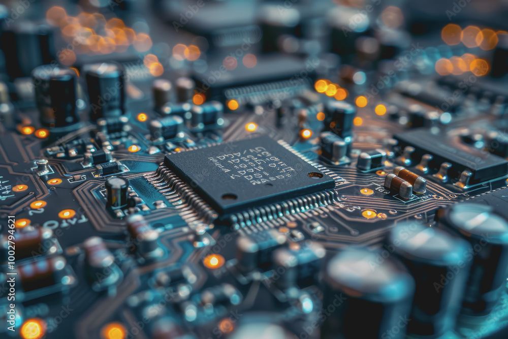 Poster a close-up of a circuit board with many electronic components.
