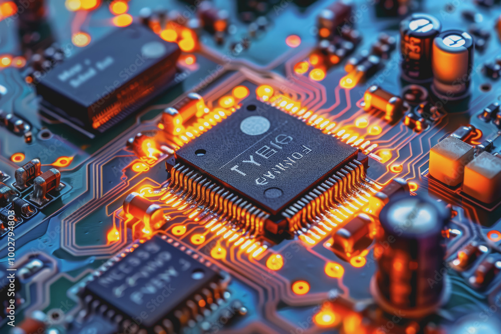 Poster a close-up of a circuit board with many electronic components.