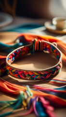 Fototapeta premium Close-up of a vibrant, braided friendship bracelet with colorful threads. The intricate pattern reflects creativity, craftsmanship, and a cheerful, bohemian style.