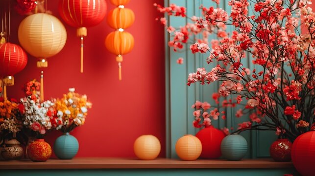 Vibrant and Festive Chinese New Year Backdrop with Colorful Lanterns Red Traditional Auspicious Symbols Representing Joy Prosperity and Cultural