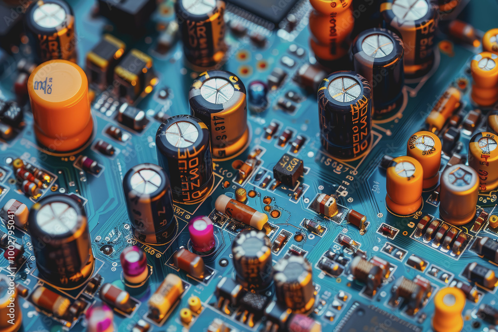 Poster a close-up of a circuit board with many electronic components.