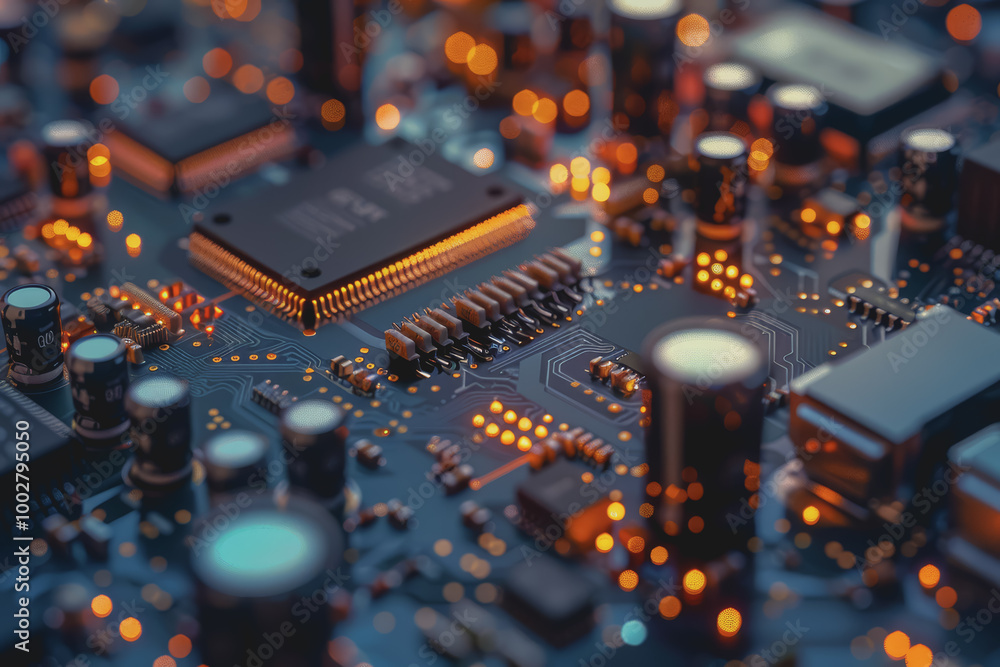 Poster a close-up of a circuit board with many electronic components.