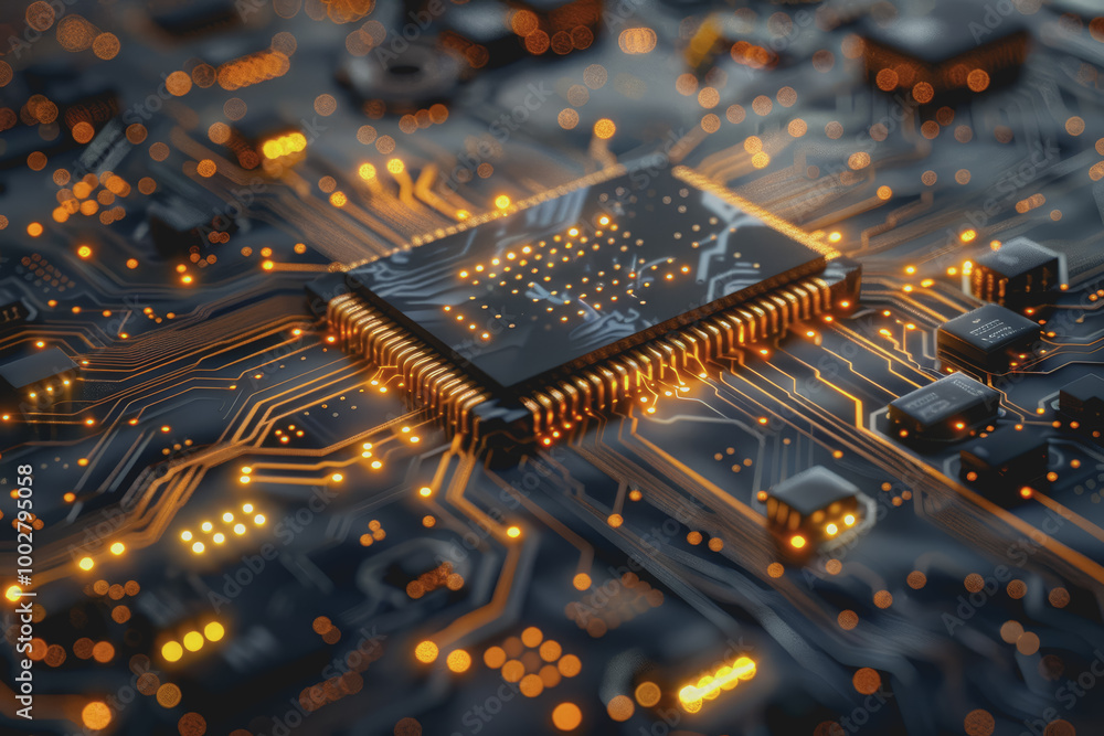 Poster a close-up of a circuit board with many electronic components.