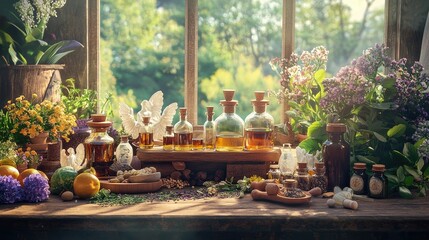 Fototapeta premium A hyper-realistic display of naturopathy systems and tools on a large wooden table. The scene includes an array of herbal teas and tinctures from Chinese